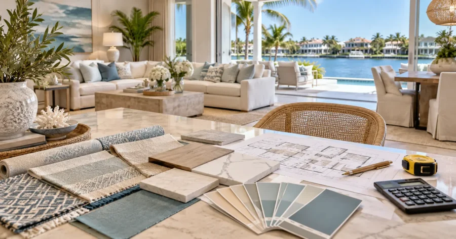 Luxury coastal living room in Naples, FL, featuring modern interior design, fabric swatches, flooring samples, color palettes, floor plans, and a calculator for interior design cost planning.
