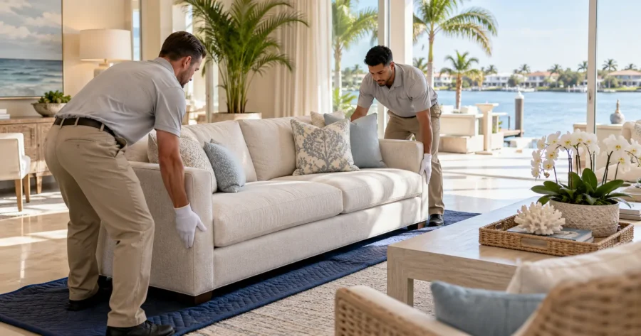 Two professional movers wearing white gloves carefully position a beige sofa in a luxury waterfront home in Naples, FL, providing white-glove furniture delivery and setup.