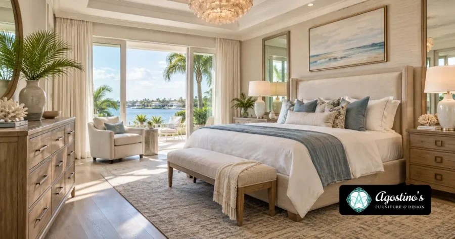 Luxury custom bedroom furniture set featuring an upholstered king-size bed, matching wooden nightstands, dresser, and elegant coastal decor in Naples, FL.