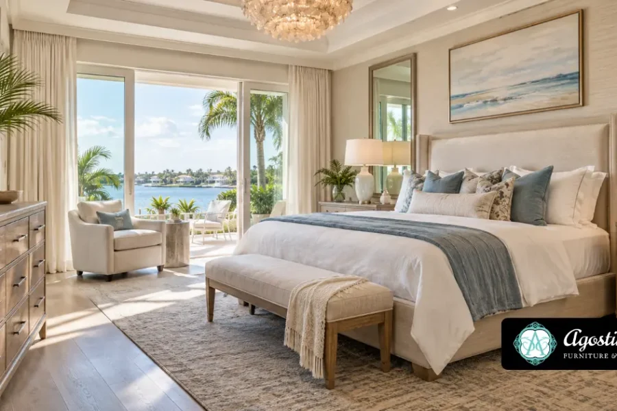 Luxury custom bedroom furniture set featuring an upholstered king-size bed, matching wooden nightstands, dresser, and elegant coastal decor in Naples, FL.