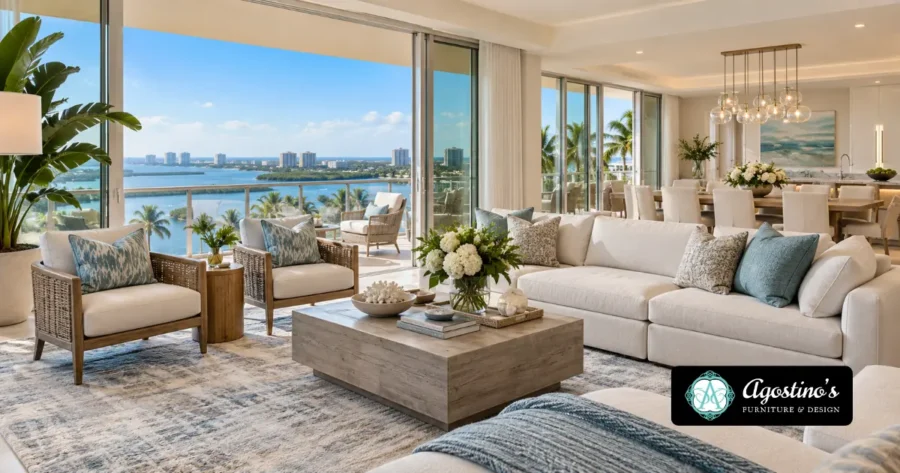 Luxury condo interior featuring elegant coastal furniture, a spacious living room, modern dining area, and waterfront views in Naples and Marco Island, FL.