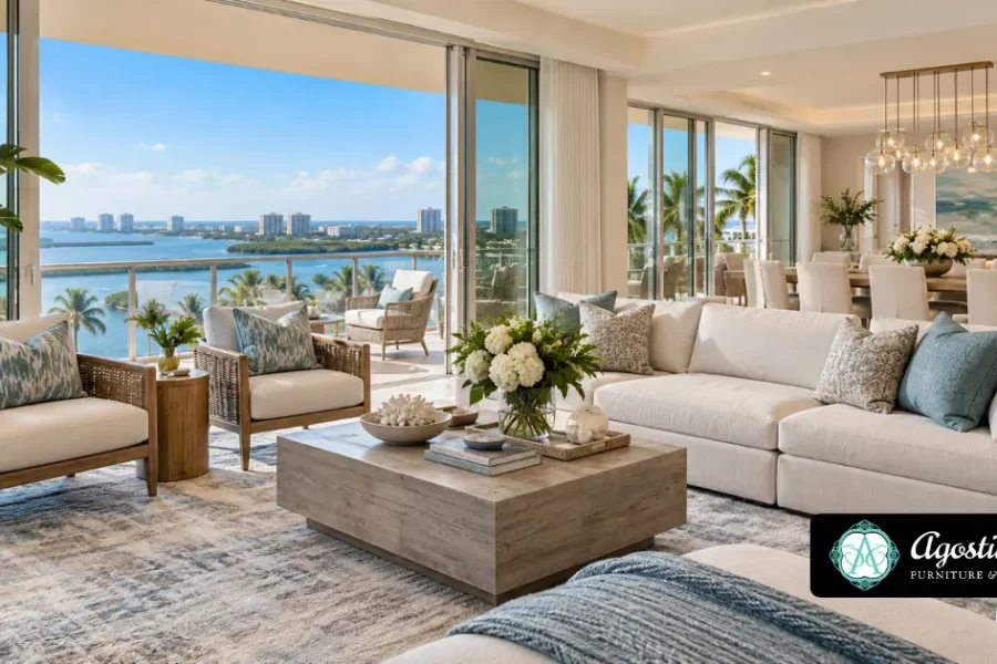 Luxury condo interior featuring elegant coastal furniture, a spacious living room, modern dining area, and waterfront views in Naples and Marco Island, FL.