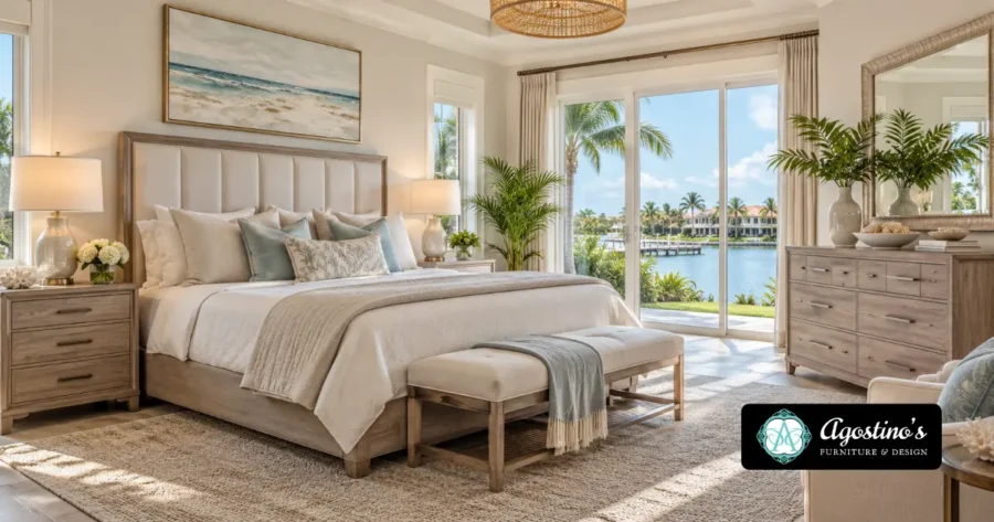 Luxury coastal bedroom set in Naples, FL, featuring an upholstered king-size bed, matching wooden nightstands, dresser, elegant decor, and waterfront views.
