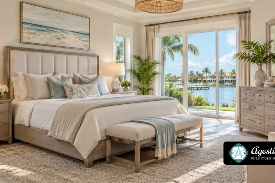Luxury coastal bedroom set in Naples, FL, featuring an upholstered king-size bed, matching wooden nightstands, dresser, elegant decor, and waterfront views.