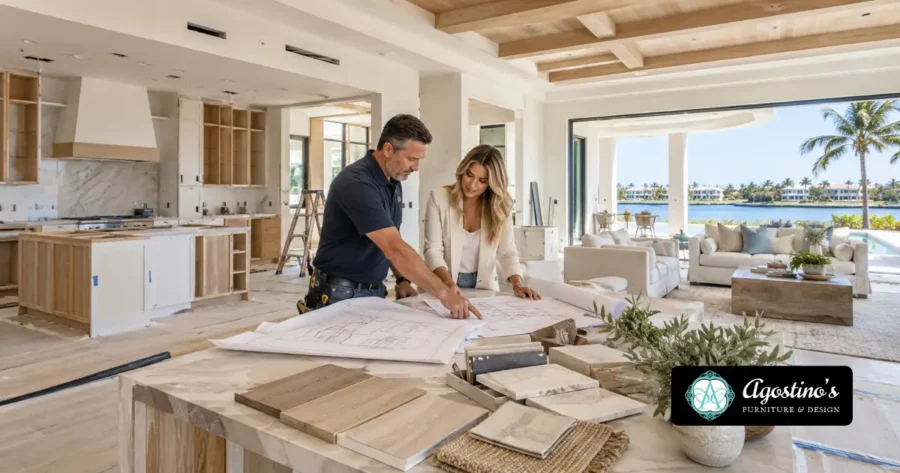 Interior designer and builder reviewing construction blueprints and material samples inside a luxury new construction home in Naples, FL.
