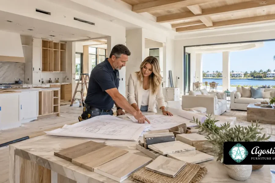 Interior designer and builder reviewing construction blueprints and material samples inside a luxury new construction home in Naples, FL.