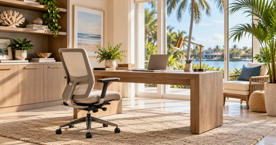 Modern home office furniture in Naples, FL, featuring a wooden desk, ergonomic office chair, storage cabinets, and coastal decor with a tropical waterfront view.